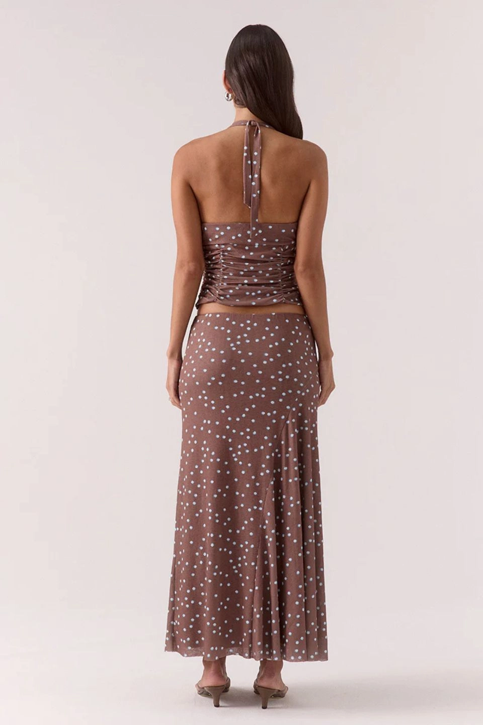 Delilah Mocha Polka Dot Maxi Skirt Light Fabric