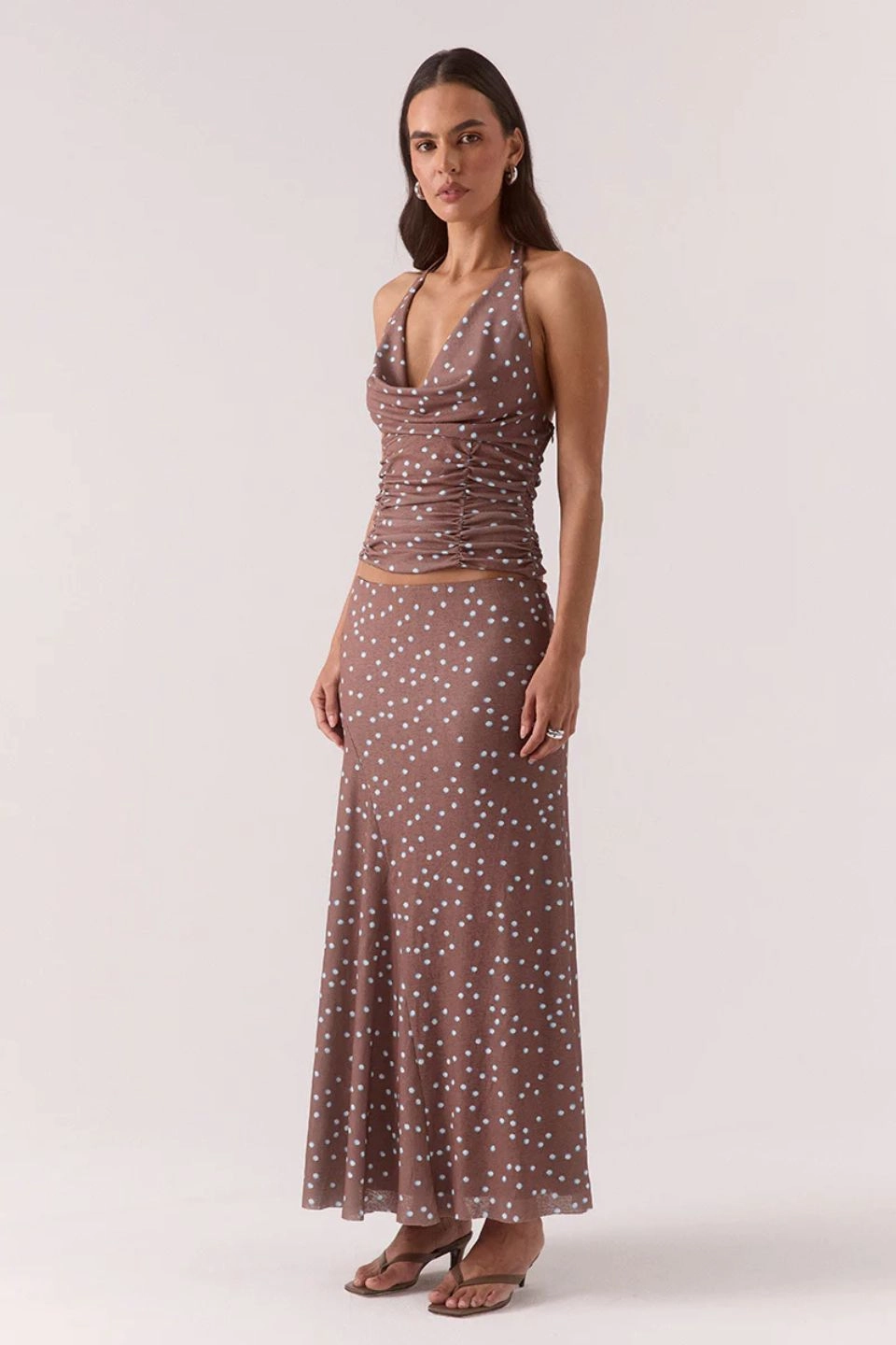 Delilah Mocha Polka Dot Maxi Skirt Double Layered Design