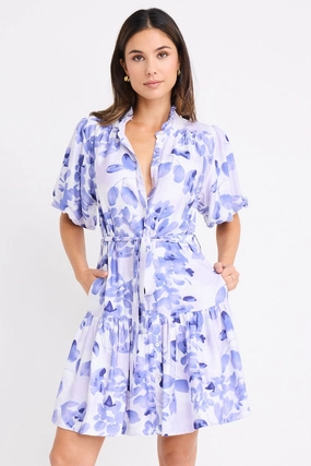 Street Flex Delphi Ivory Blue Floral Drop Waist Belted Mini Dress