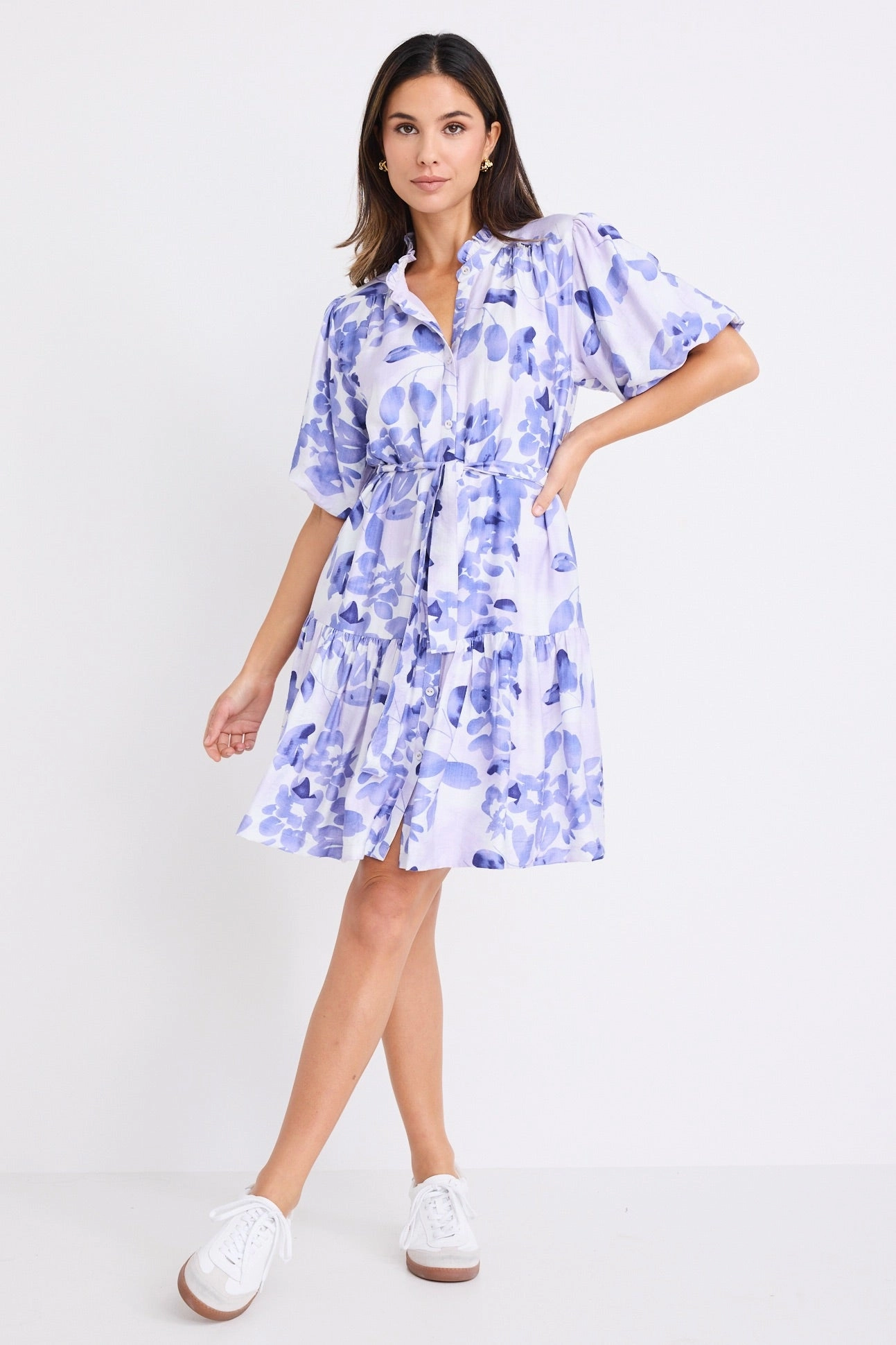Inclusive Fit Delphi Ivory Blue Floral Drop Waist Belted Mini Dress