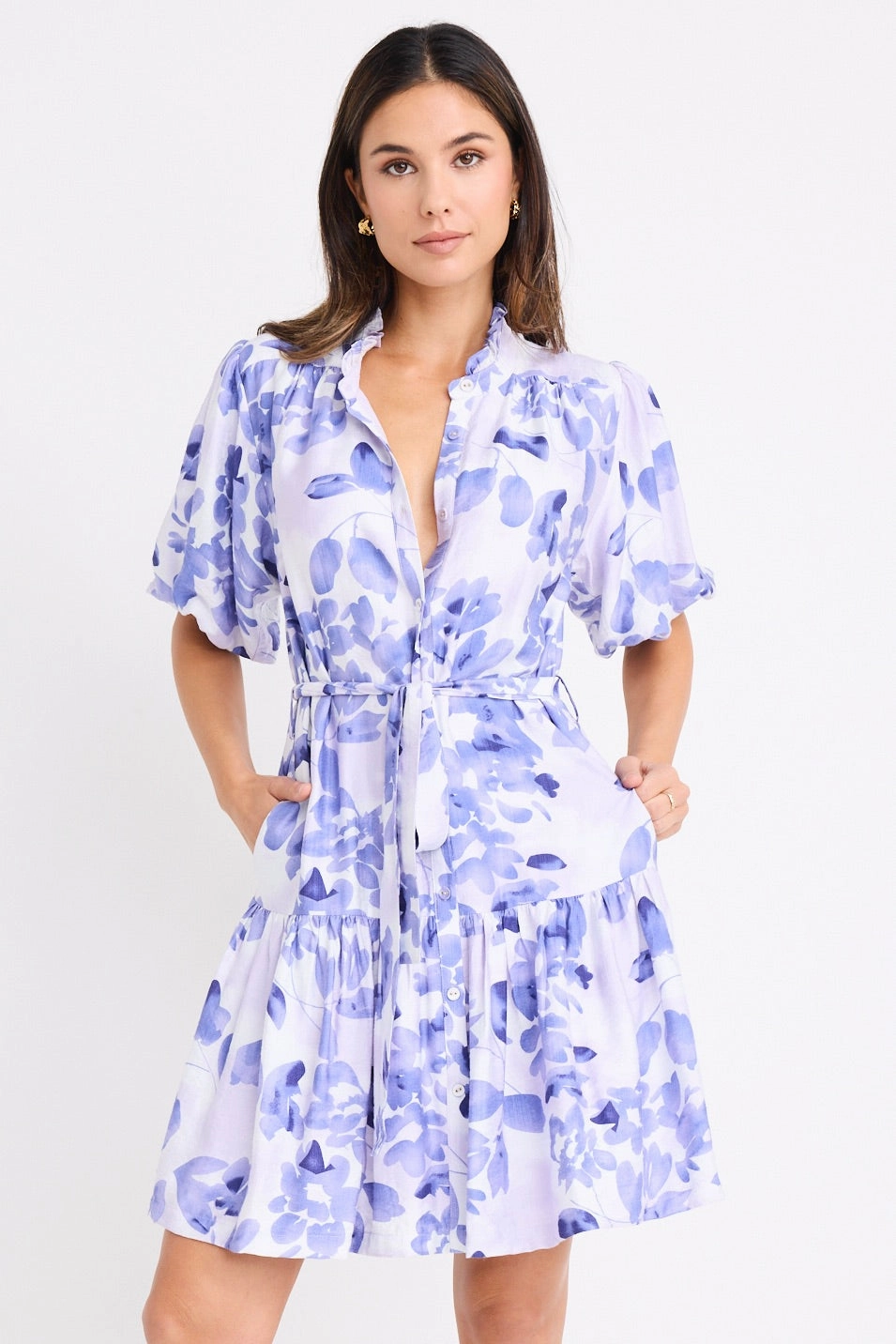 Street Flex Delphi Ivory Blue Floral Drop Waist Belted Mini Dress