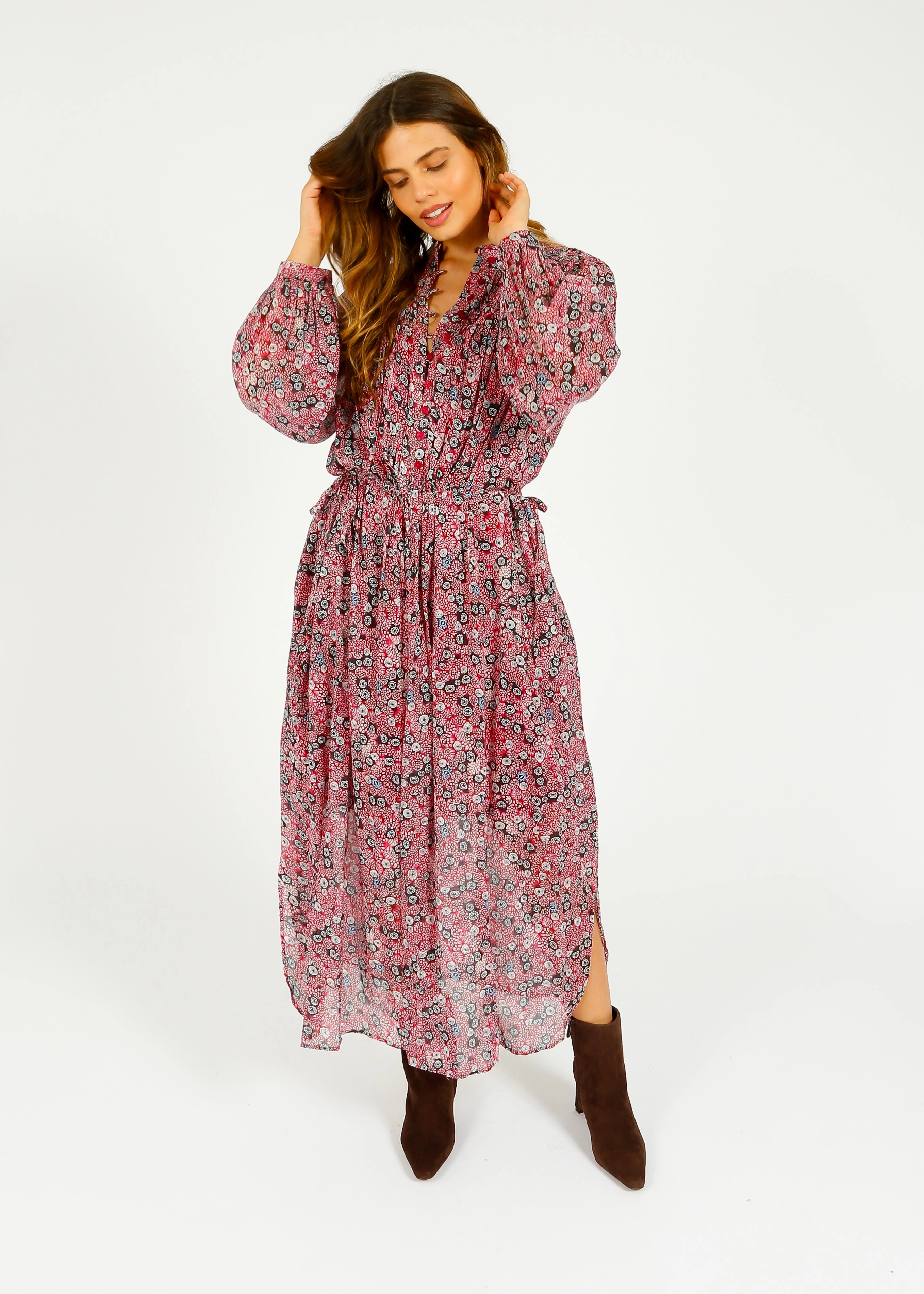 Marant Etoile Dalida Printed Dress in Raspberry, Black Casual Comfort Wear Casual Silhouette