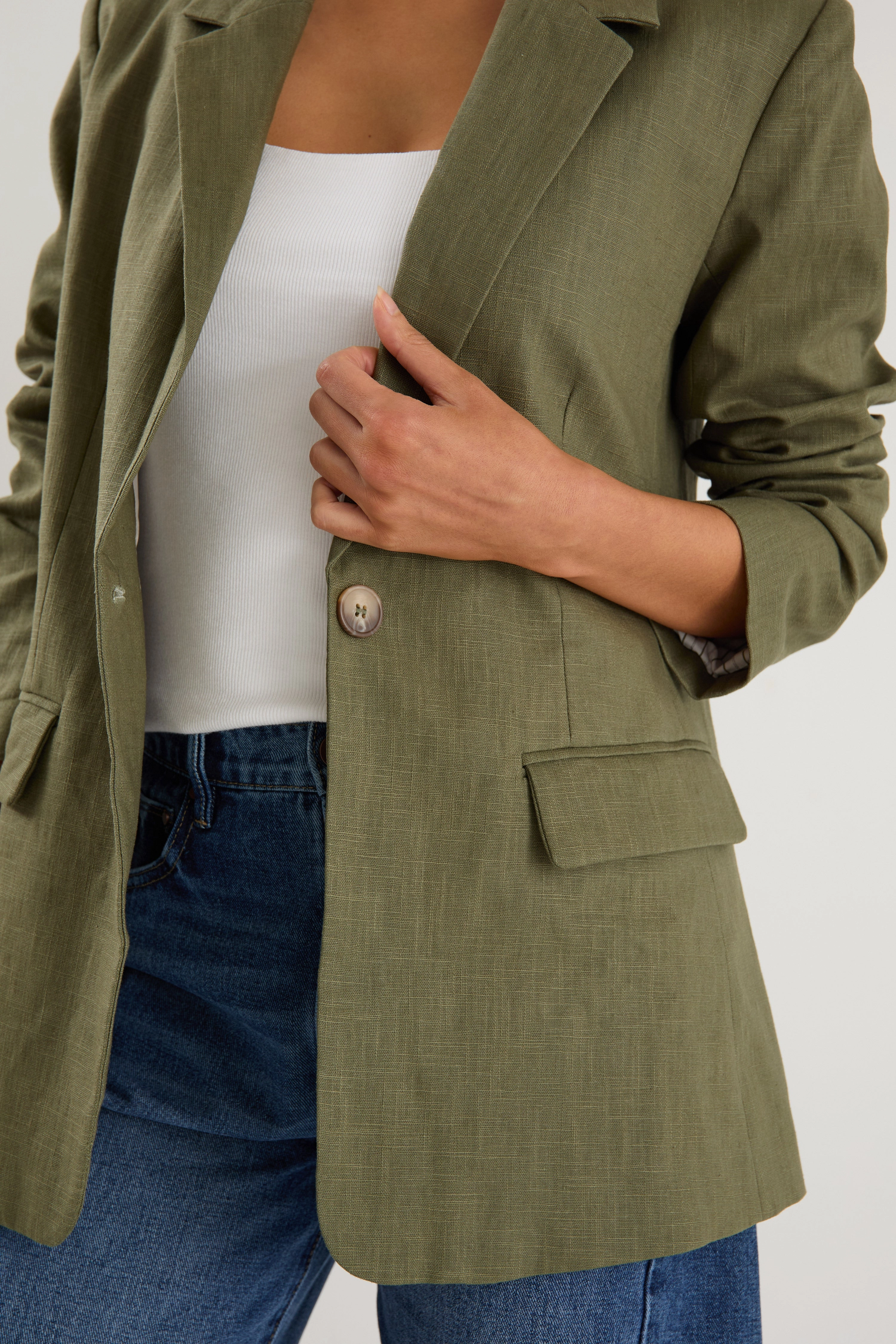 Dock Khaki Ramie Rolled Sleeve Blazer No Slip Shoulder Grips