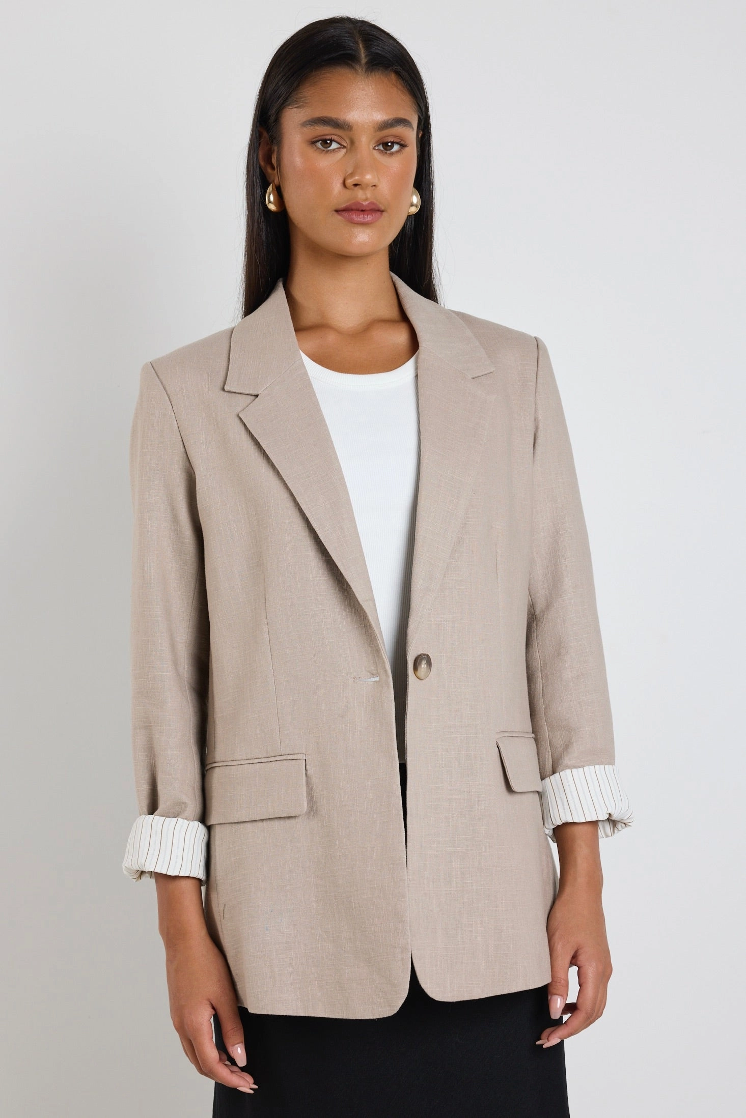 Dock Taupe Ramie Rolled Sleeve Blazer Military Inspired