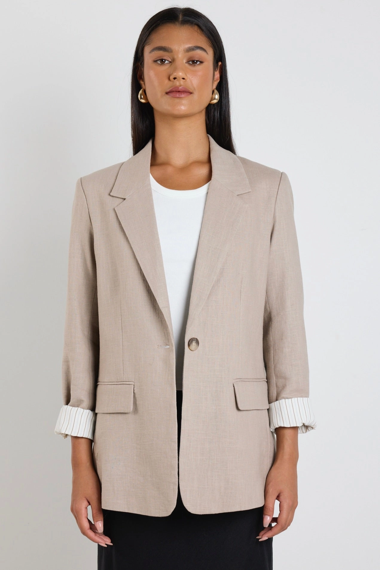 Loose Comfort Geometric Pattern Dock Taupe Ramie Rolled Sleeve Blazer