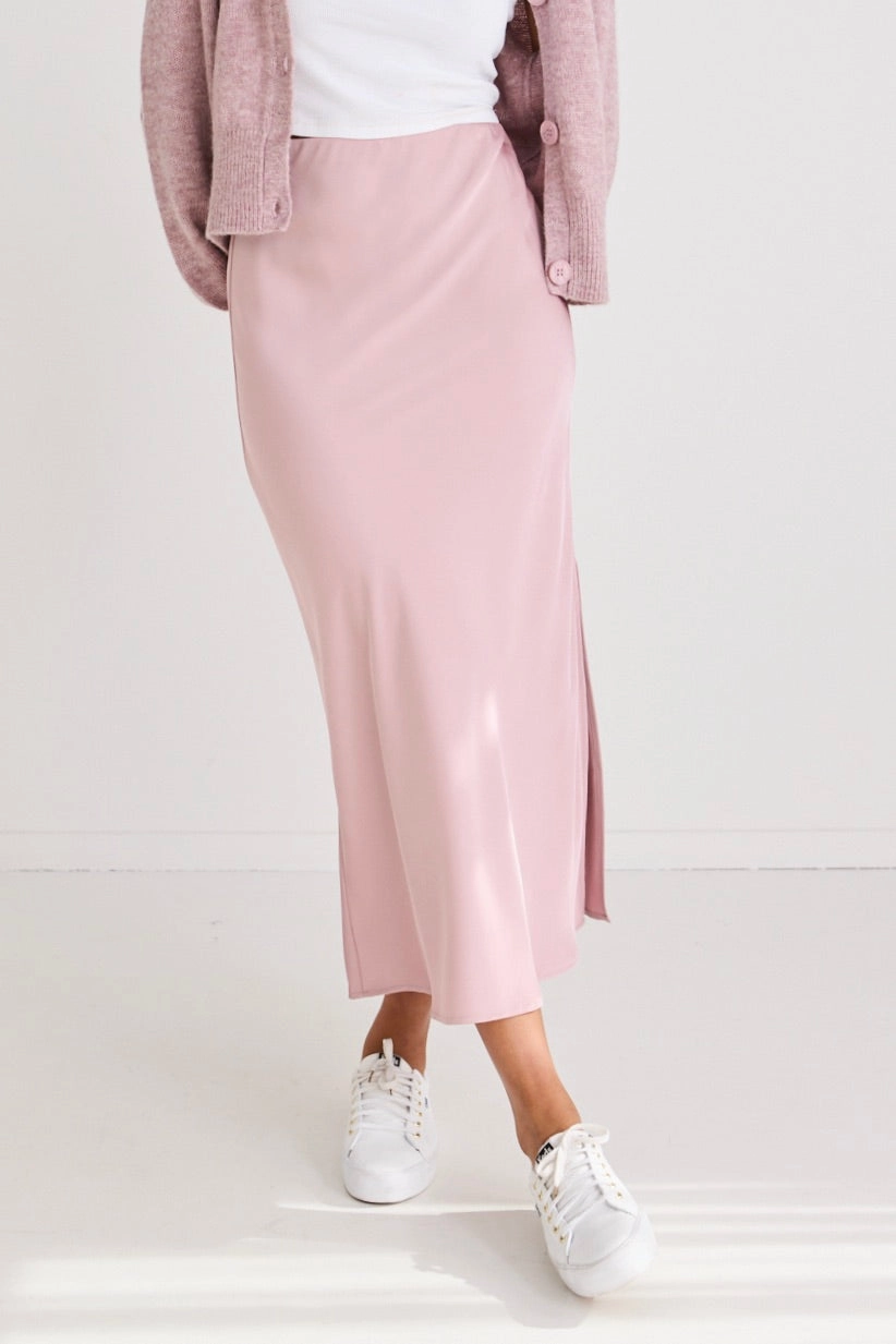 Stunning Blush Satin Side Split Bias Midi Skirt Cozy Tones