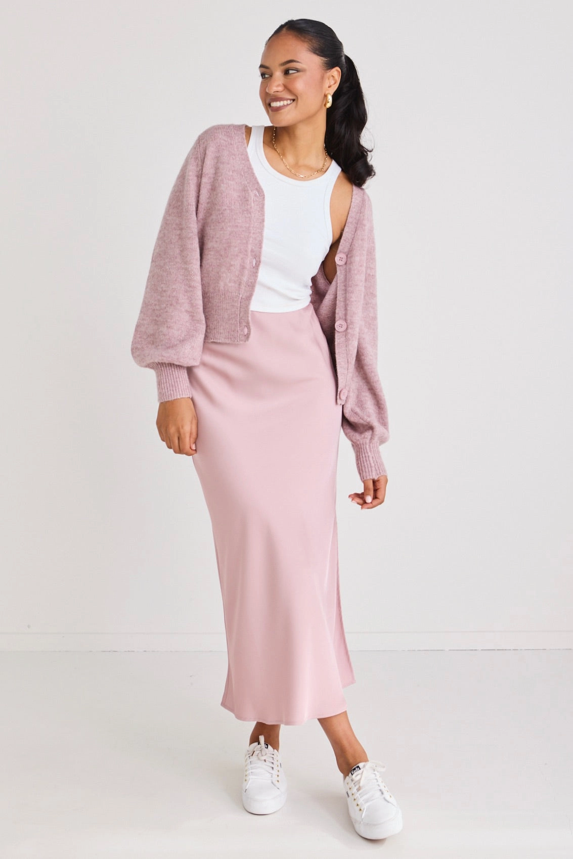 Fashion Forward Stunning Blush Satin Side Split Bias Midi Skirt