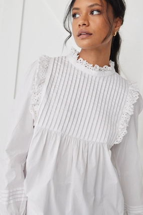Opal White Voile Pleat Bodice High Neck Ls Top AdjustableCuffSystem