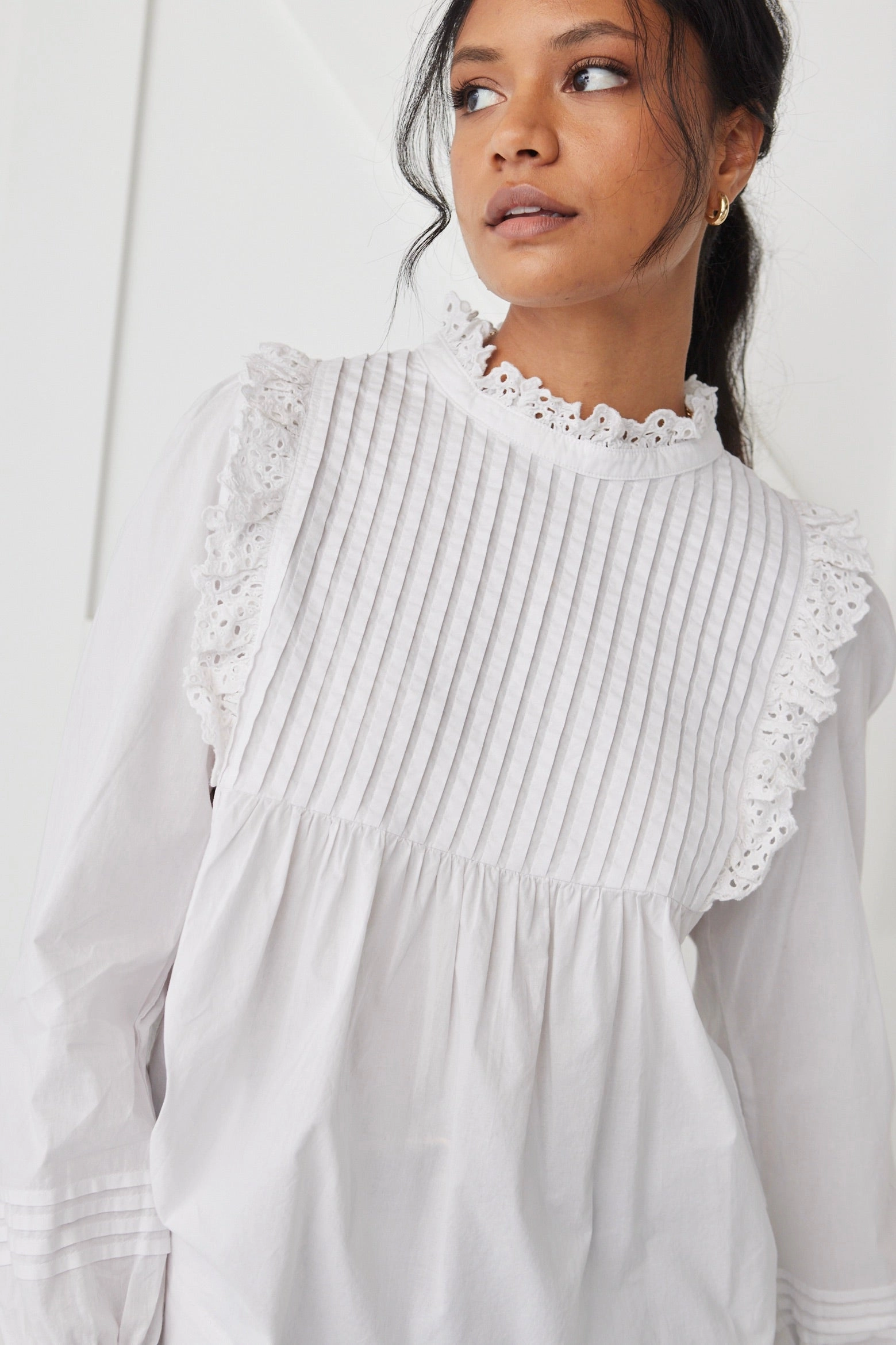 Opal White Voile Pleat Bodice High Neck Ls Top AdjustableCuffSystem