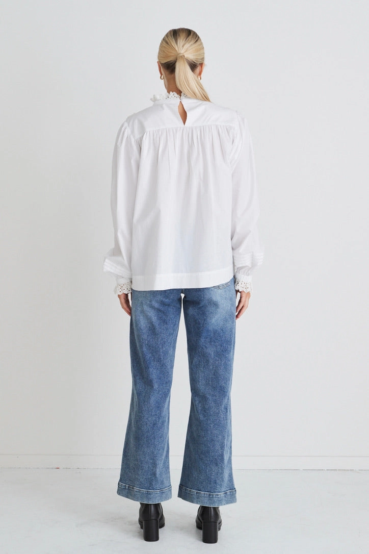 Opal White Voile Pleat Bodice High Neck Ls Top Self Cleaning Coating