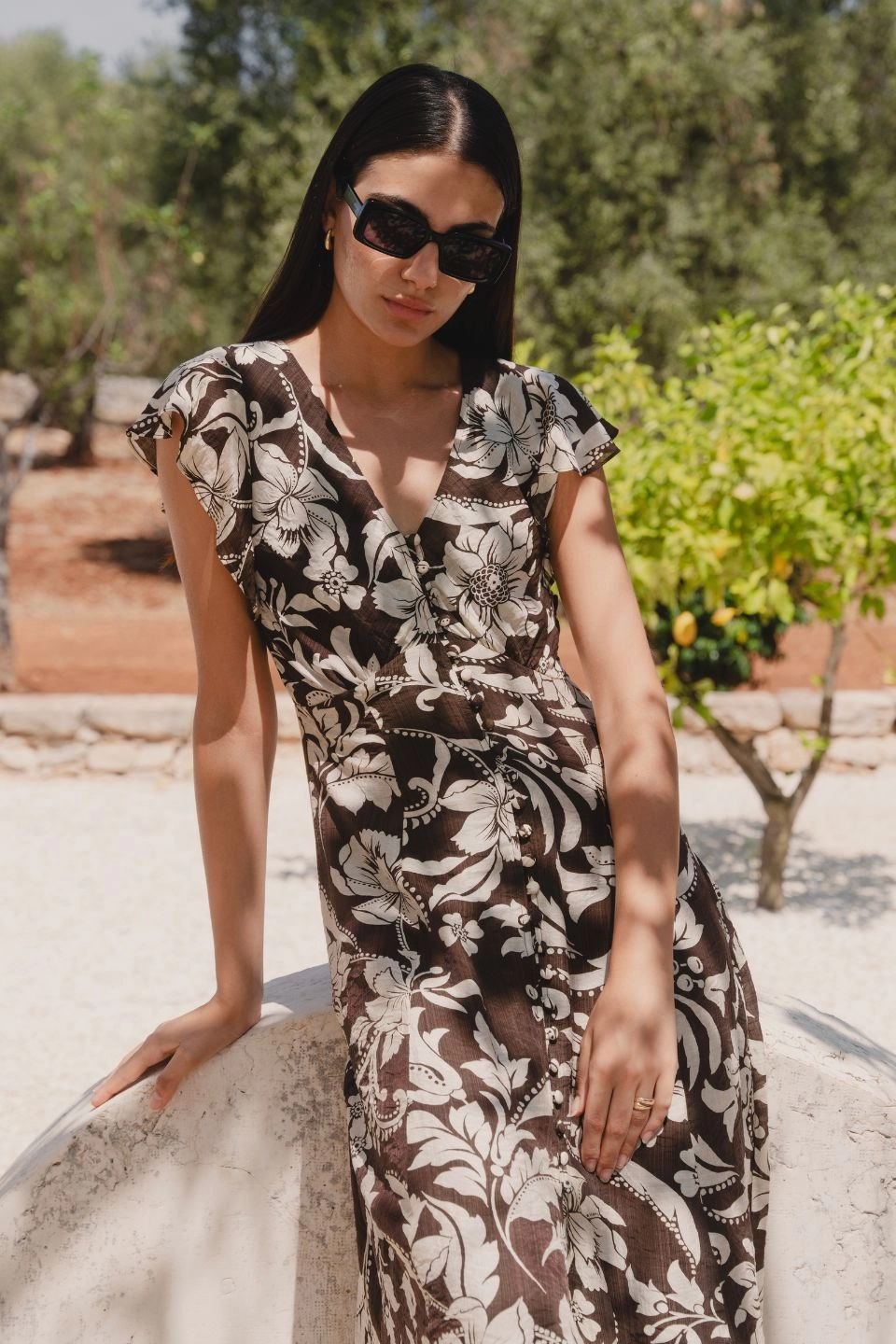 Warm Undertone Pure Aesthetic Flawless Chocolate Floral Fluted Sleeve Button Front Midi Dress