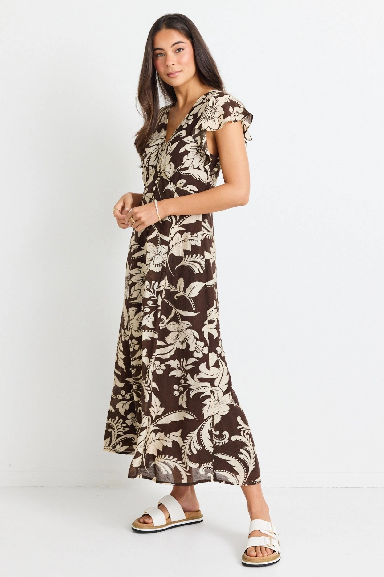 Understated Glam Flawless Chocolate Floral Fluted Sleeve Button Front Midi Dress