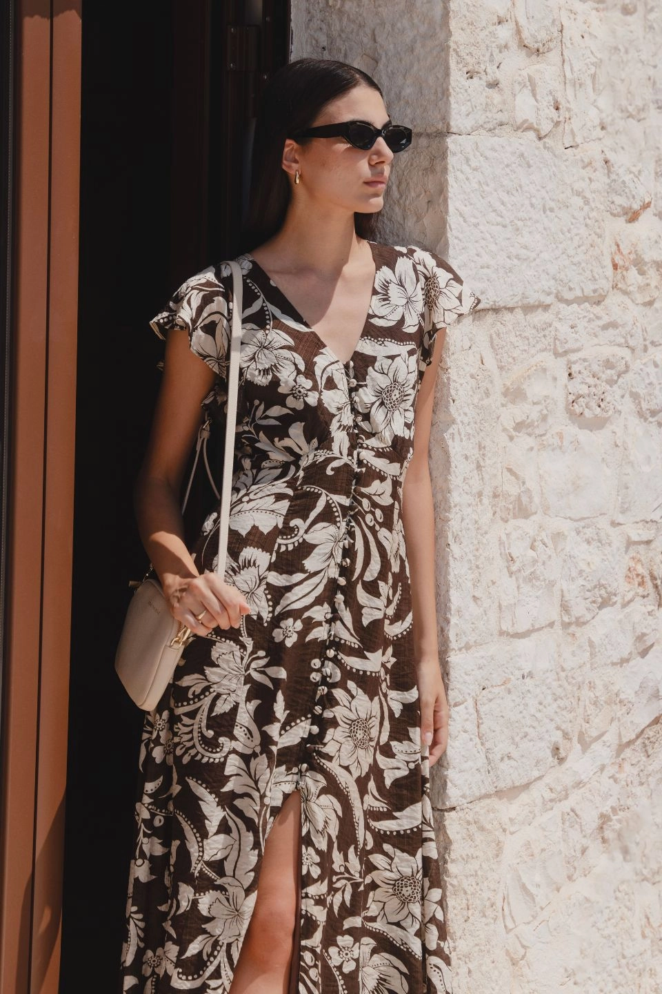 Monochrome Mood Simple Yet Elegant Flawless Chocolate Floral Fluted Sleeve Button Front Midi Dress