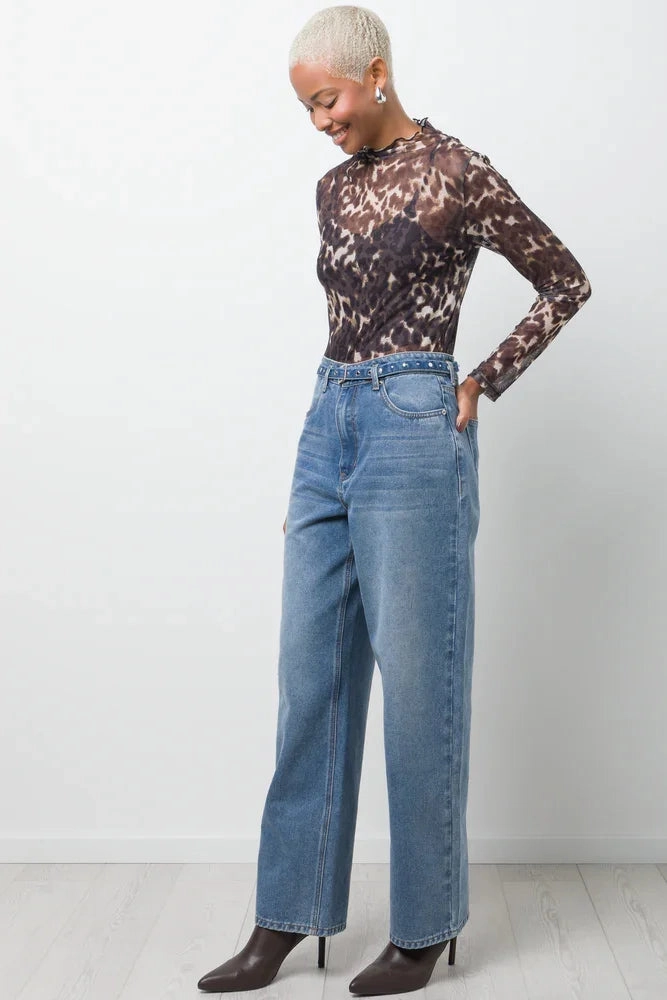 Reinforced Neckline Detail AdjustableClosure Leopard Print Long Sleeve Mesh Bodysuit Brown