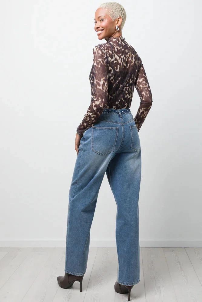 Leopard Print Long Sleeve Mesh Bodysuit Brown Office Attire