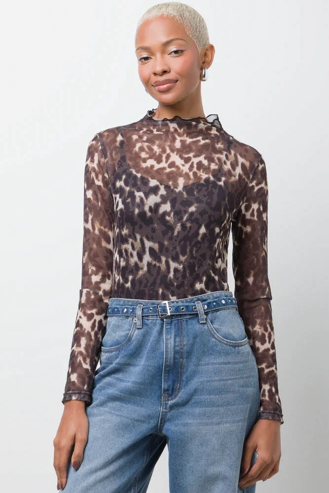 Leopard Print Long Sleeve Mesh Bodysuit Brown FadeResistant Dye