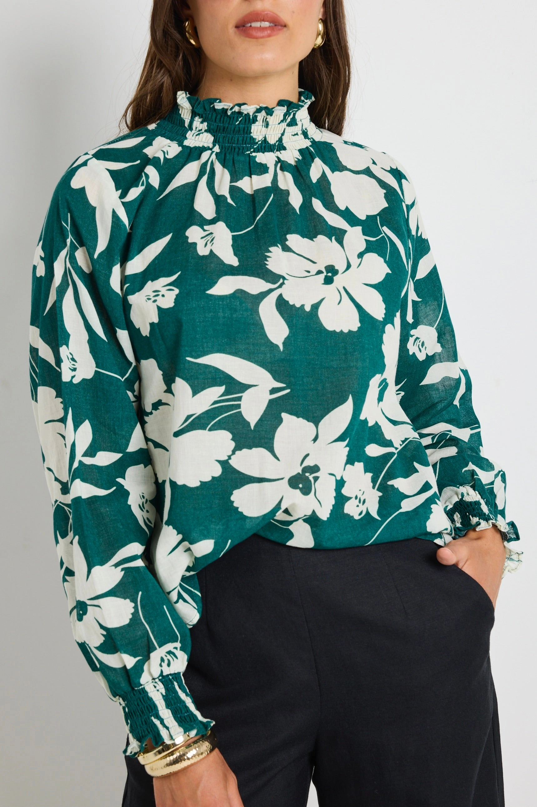 ReflectiveDetails Soft Wool Affection Forest Floral Shirred High Neck LS Top