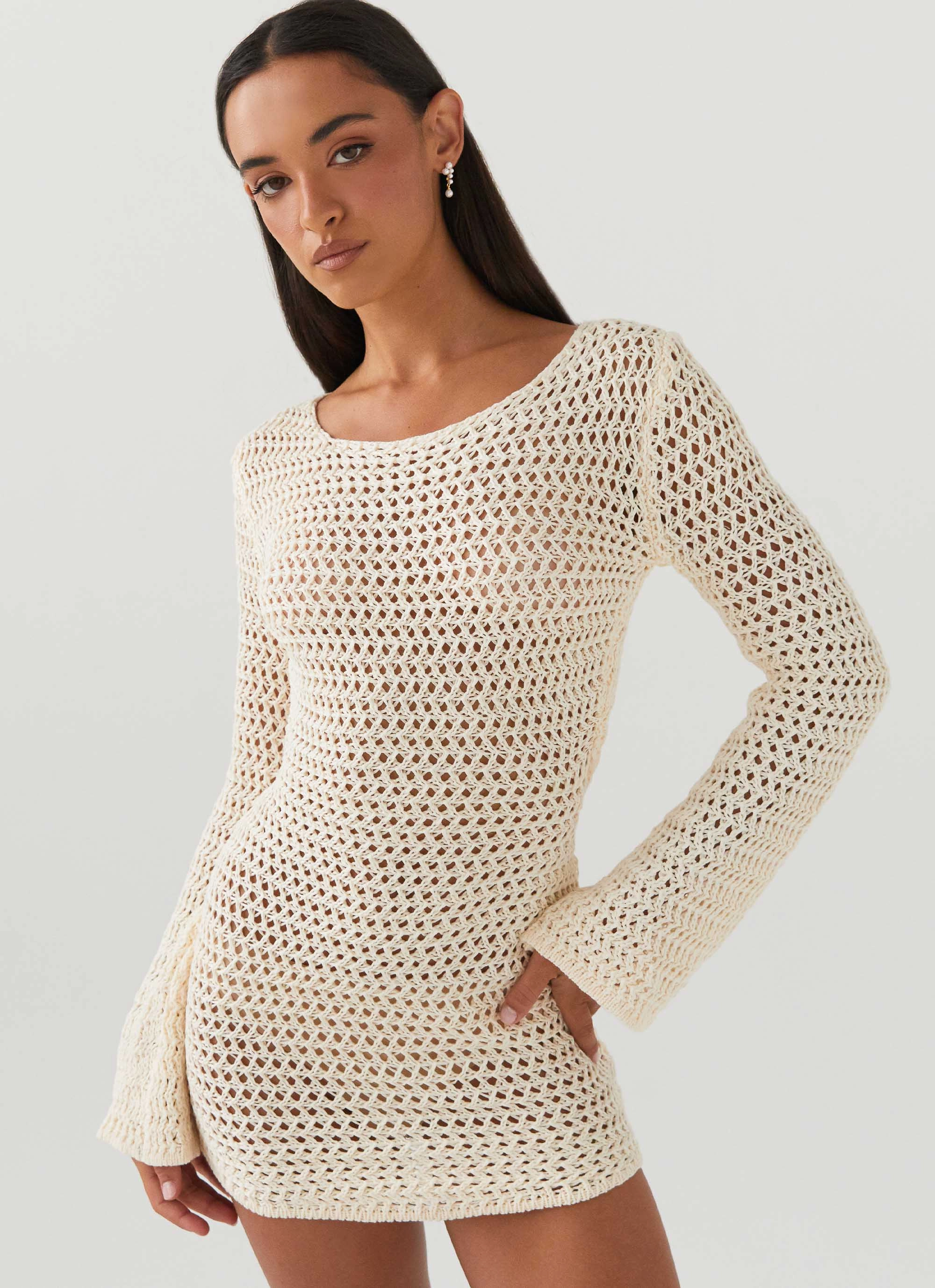Asymmetrical hem Versatile dress for layering Down For The Ride Crochet Mini Dress - Ivory