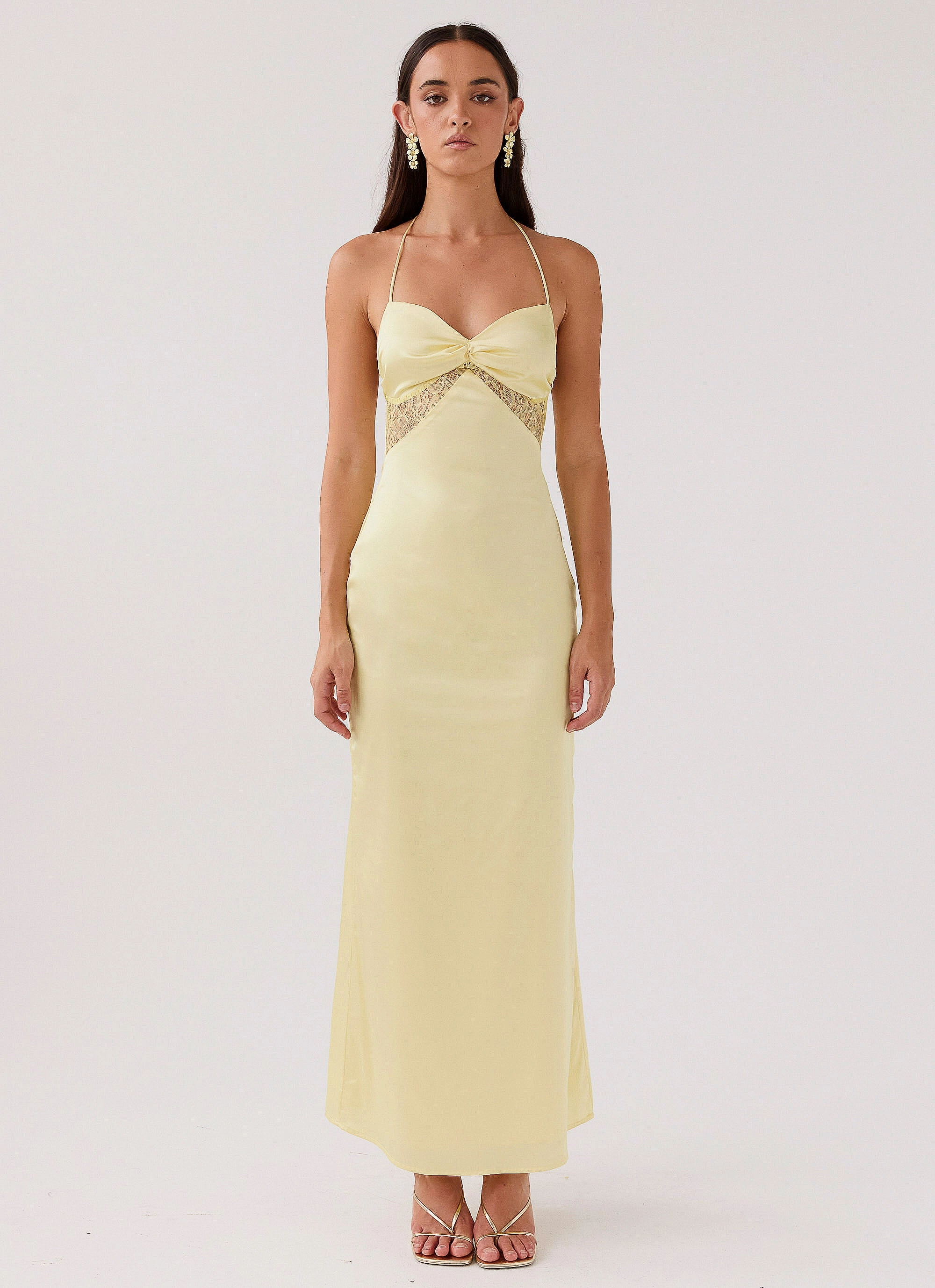 Travel-Essential Dream Sight Lace Satin Maxi Dress - Lemon