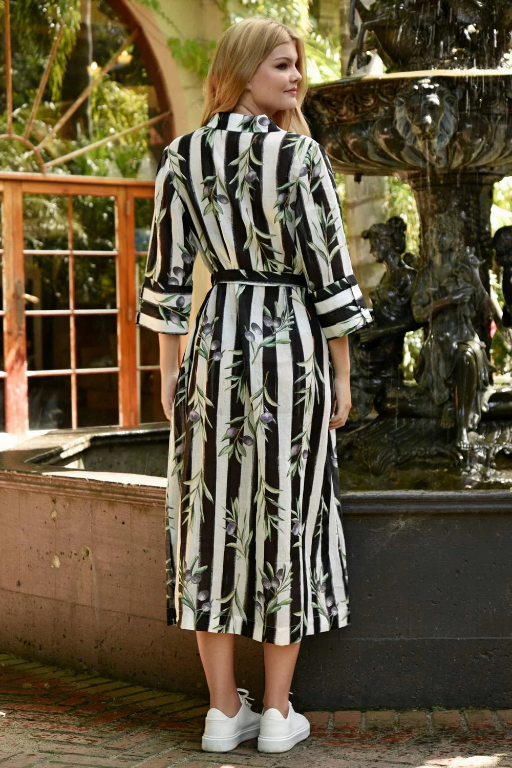 Stripe A Pose Black Striped Olive Print SS Midi Shirt Dress Cool Texture