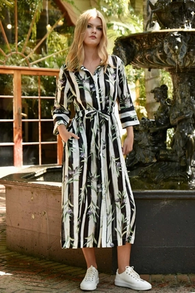 Breezy Mood Stripe A Pose Black Striped Olive Print SS Midi Shirt Dress