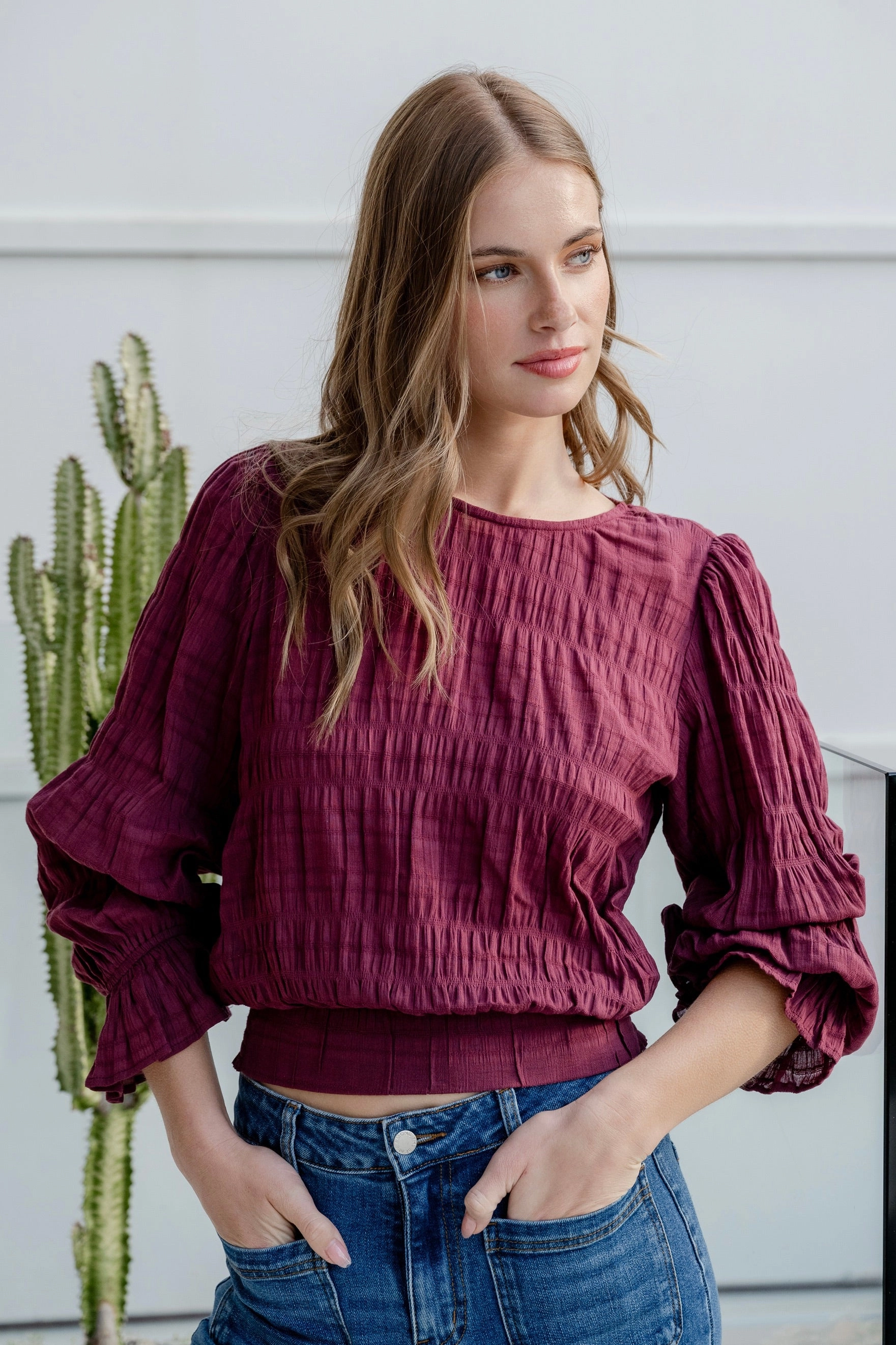 Sustainable Waterproofing Casual Blouse Imagine Burgundy Shirred Cotton Frill Sleeve LS Top
