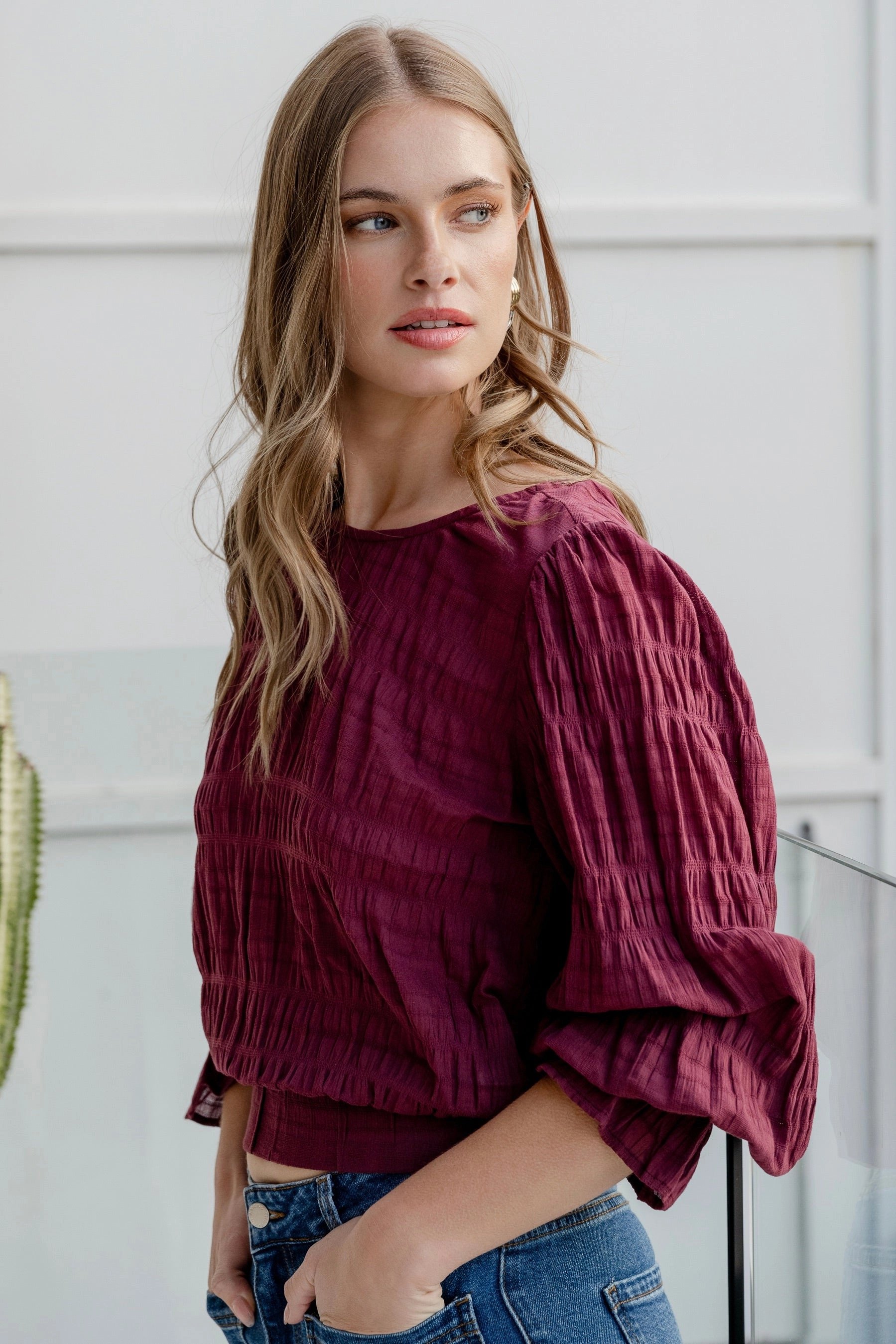 SeamlessSidePanels Imagine Burgundy Shirred Cotton Frill Sleeve LS Top