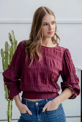 Sustainable Waterproofing Casual Blouse Imagine Burgundy Shirred Cotton Frill Sleeve LS Top