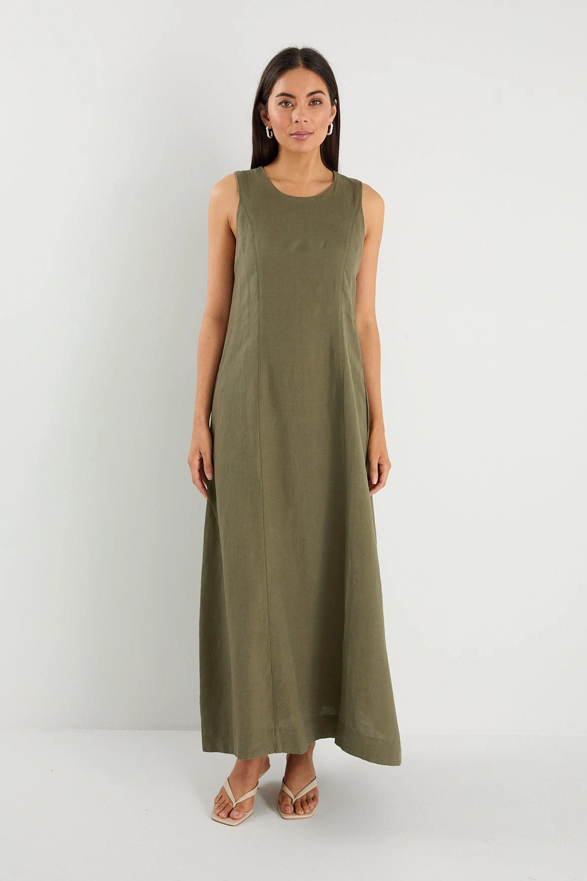 City Style Cute Glow Easygoing Khaki Linen Blend Sleeveless Crew Neck Midi Dress