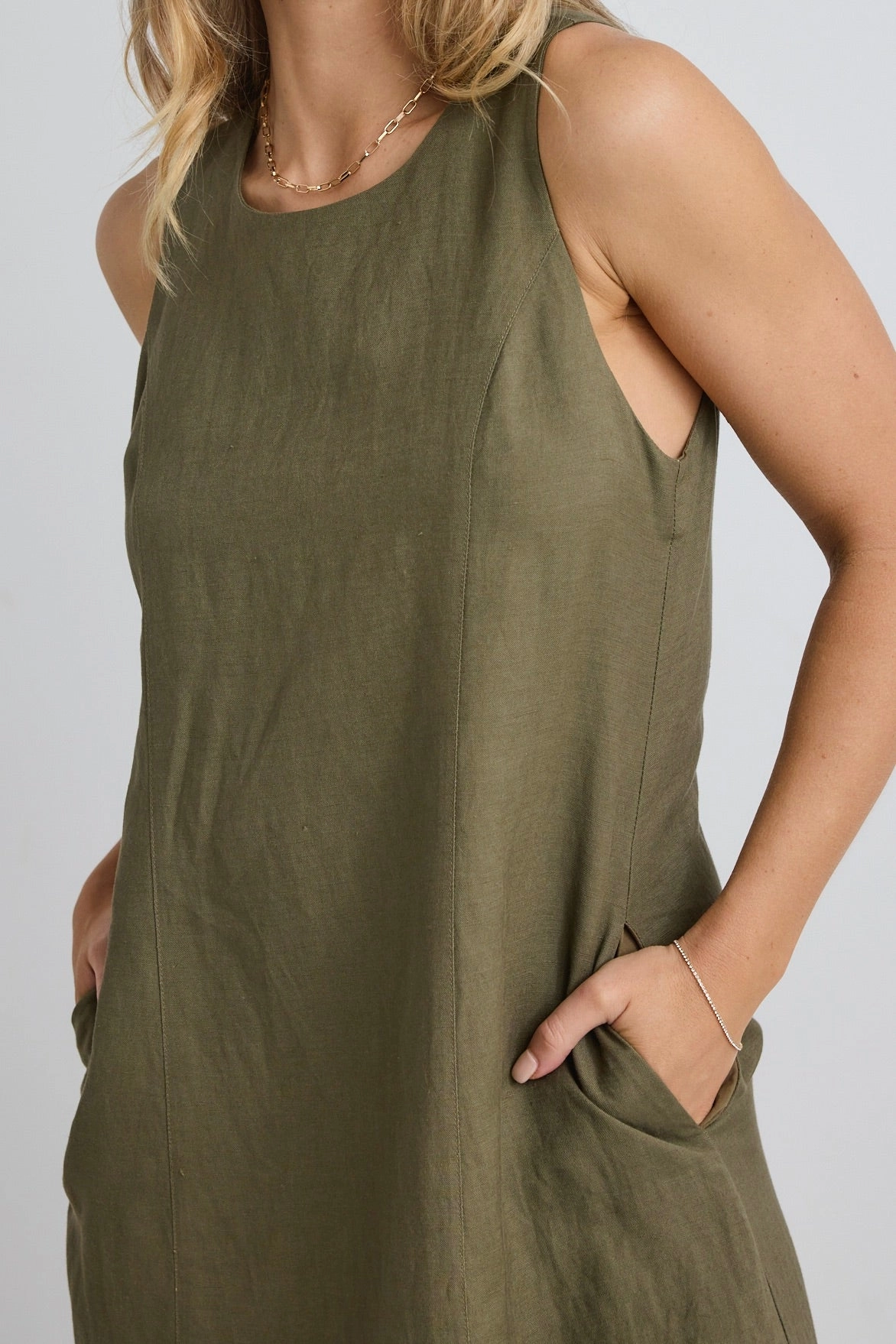 Easygoing Soft Khaki Linen Blend Sleeveless Crew Neck Midi Dress Easy Comfort Look