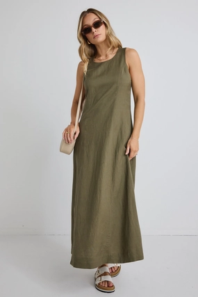 Essential Piece Soft Comfort Easygoing Soft Khaki Linen Blend Sleeveless Crew Neck Midi Dress
