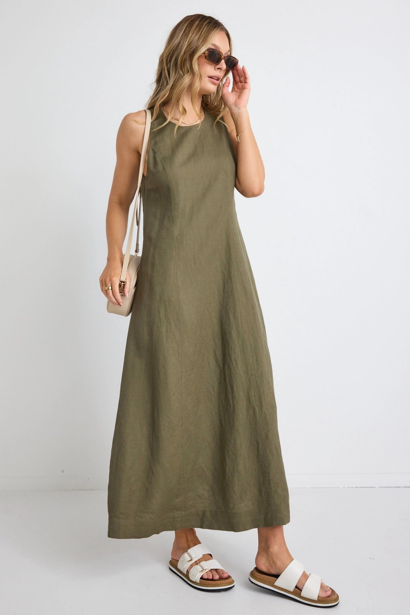 Easygoing Soft Khaki Linen Blend Sleeveless Crew Neck Midi Dress Timeless Trend