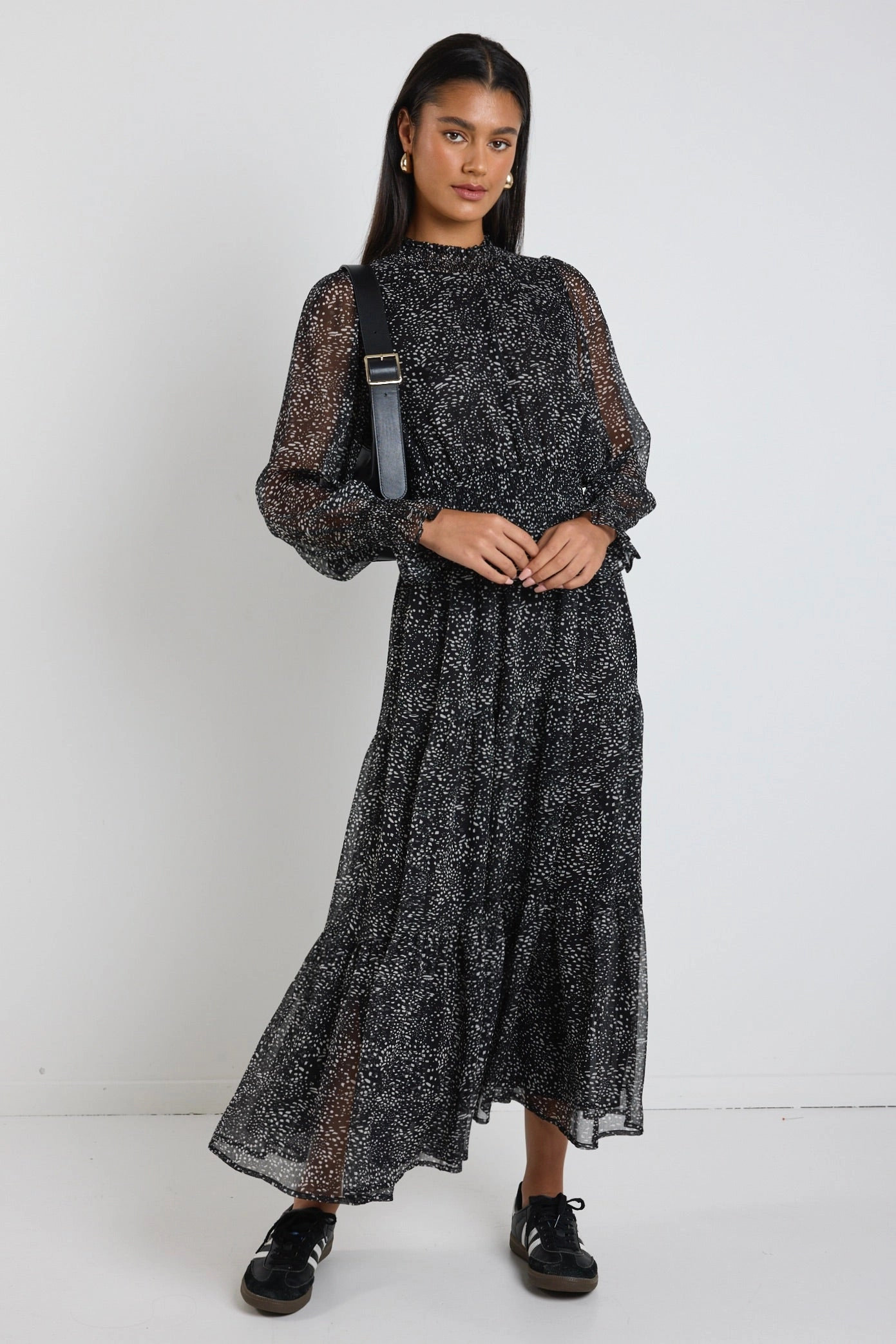 Ebony Black Grey Spot LS Shirred Neck Midi Dress Boat-Neck