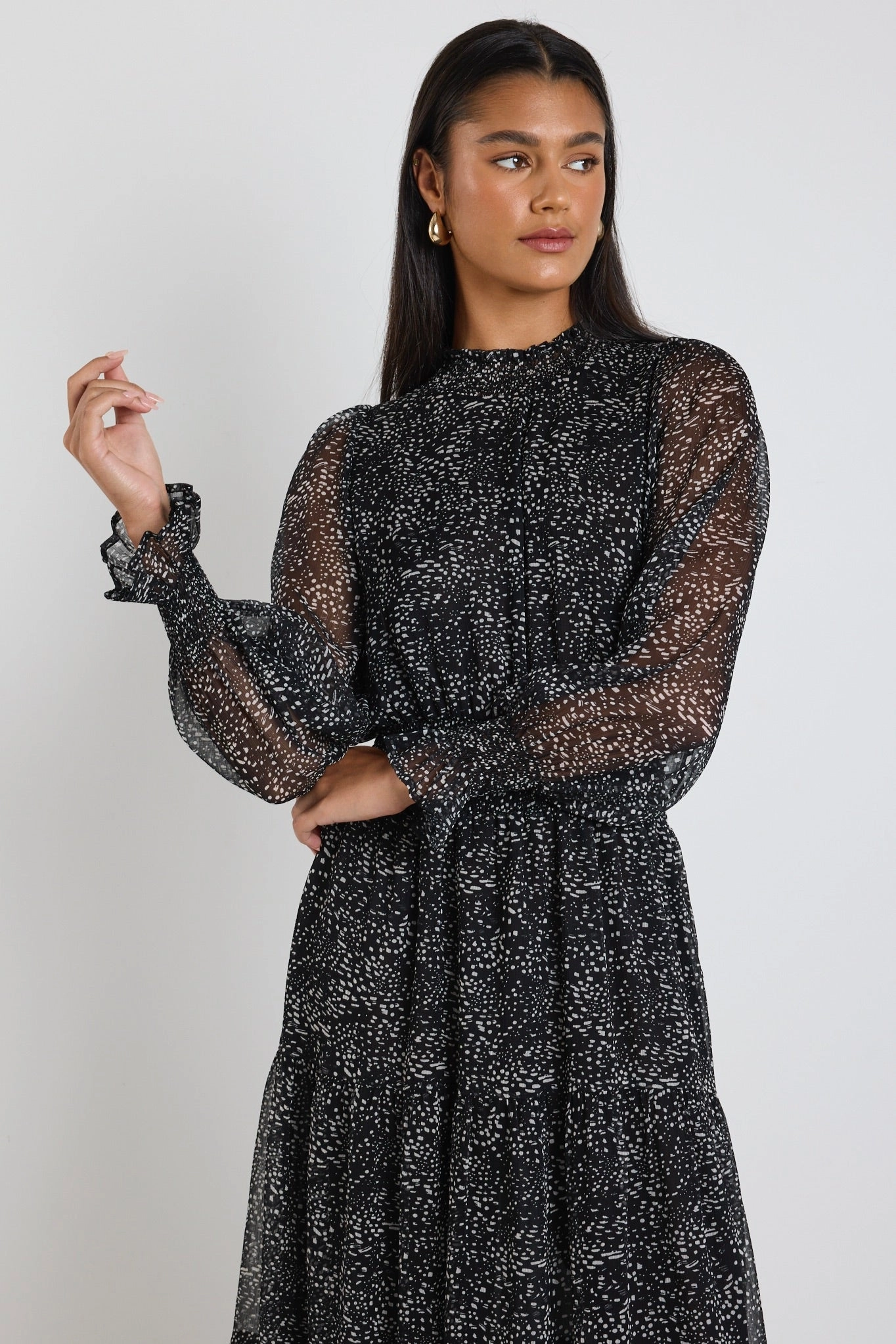 Soft and Stylish Eye Catching Ebony Black Grey Spot LS Shirred Neck Midi Dress