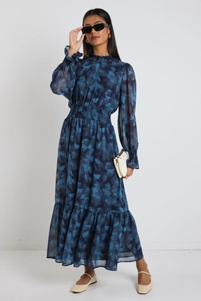 Ebony Blue Smudge LS Shirred Neck Midi Dress Minimal Harmony