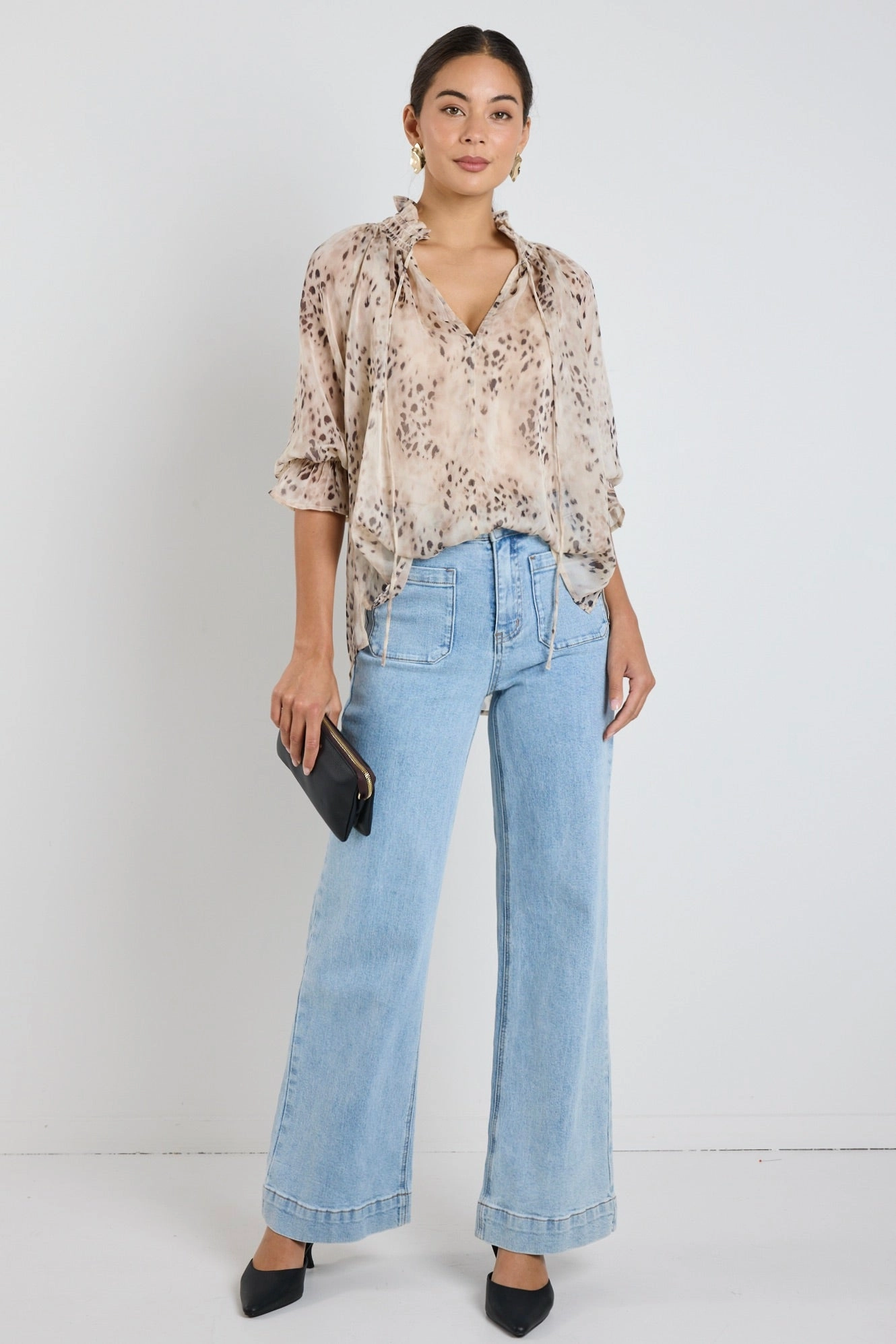 Unstructured Silhouette Odyssey Beige Leopard Georgette Shirred Neck LS Top