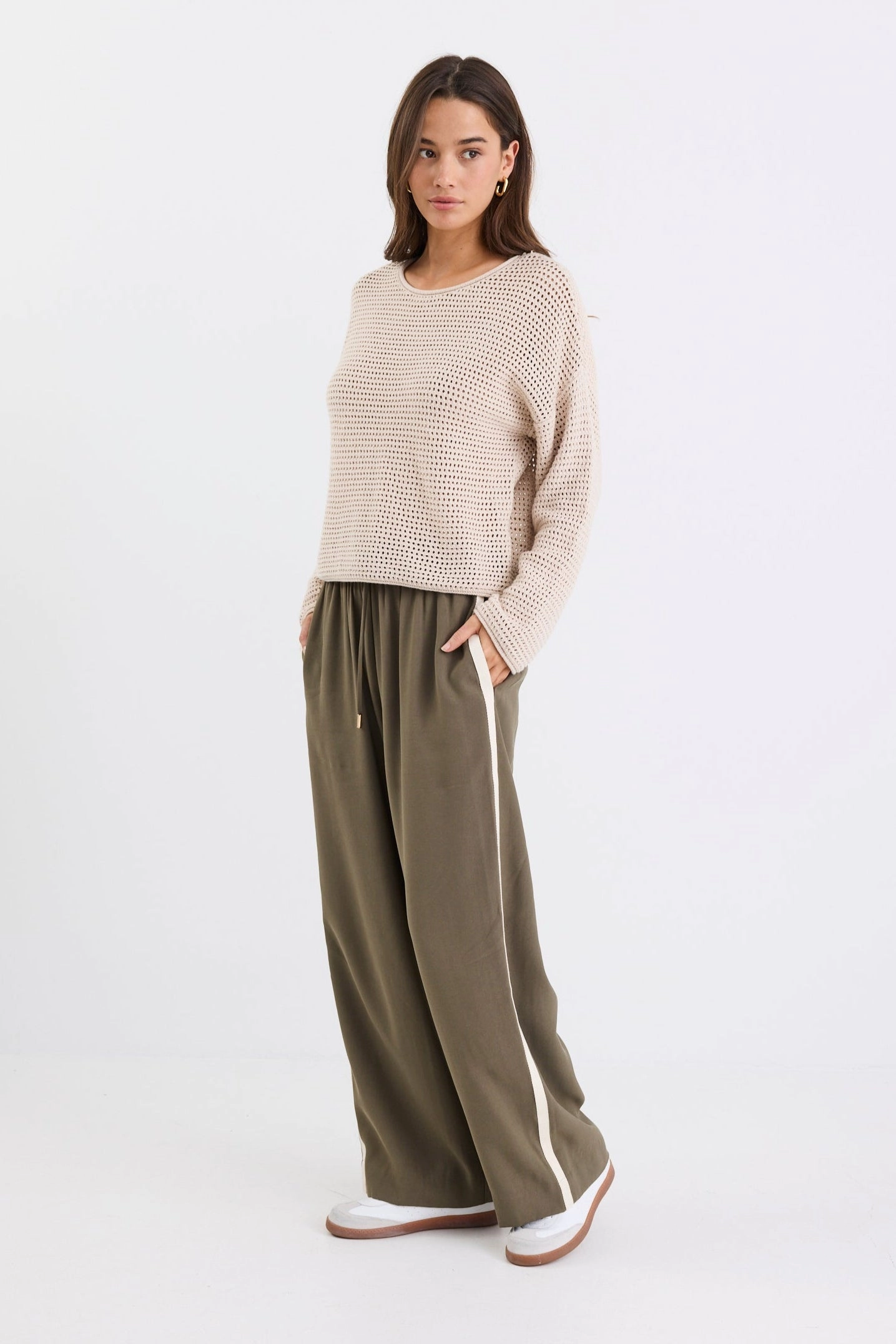 Body Movement Townie Olive Stripe Side Tape Wide Leg Pants
