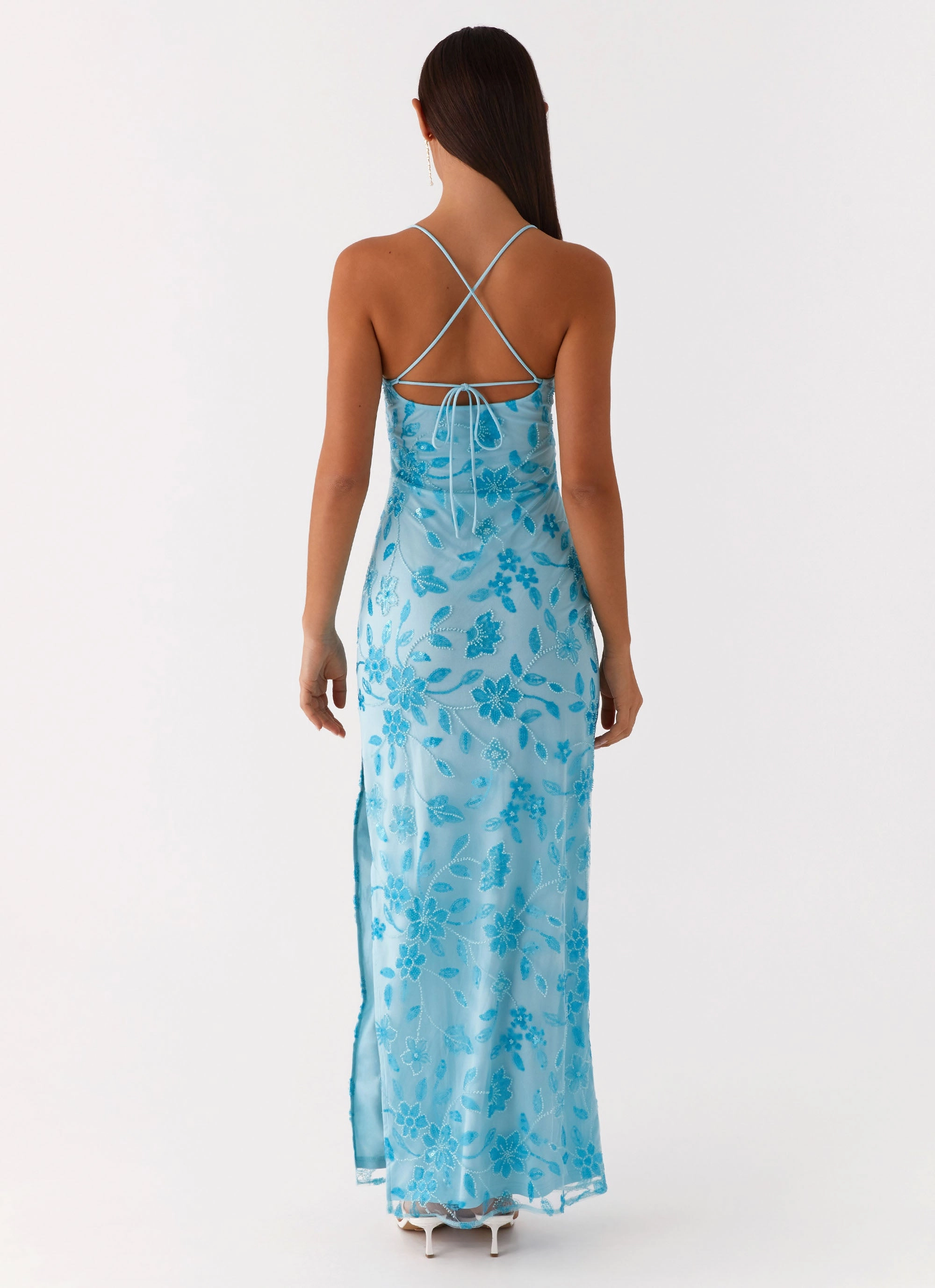 Bright Lights Beaded Maxi Dress - Blue cut out Chic Comfort