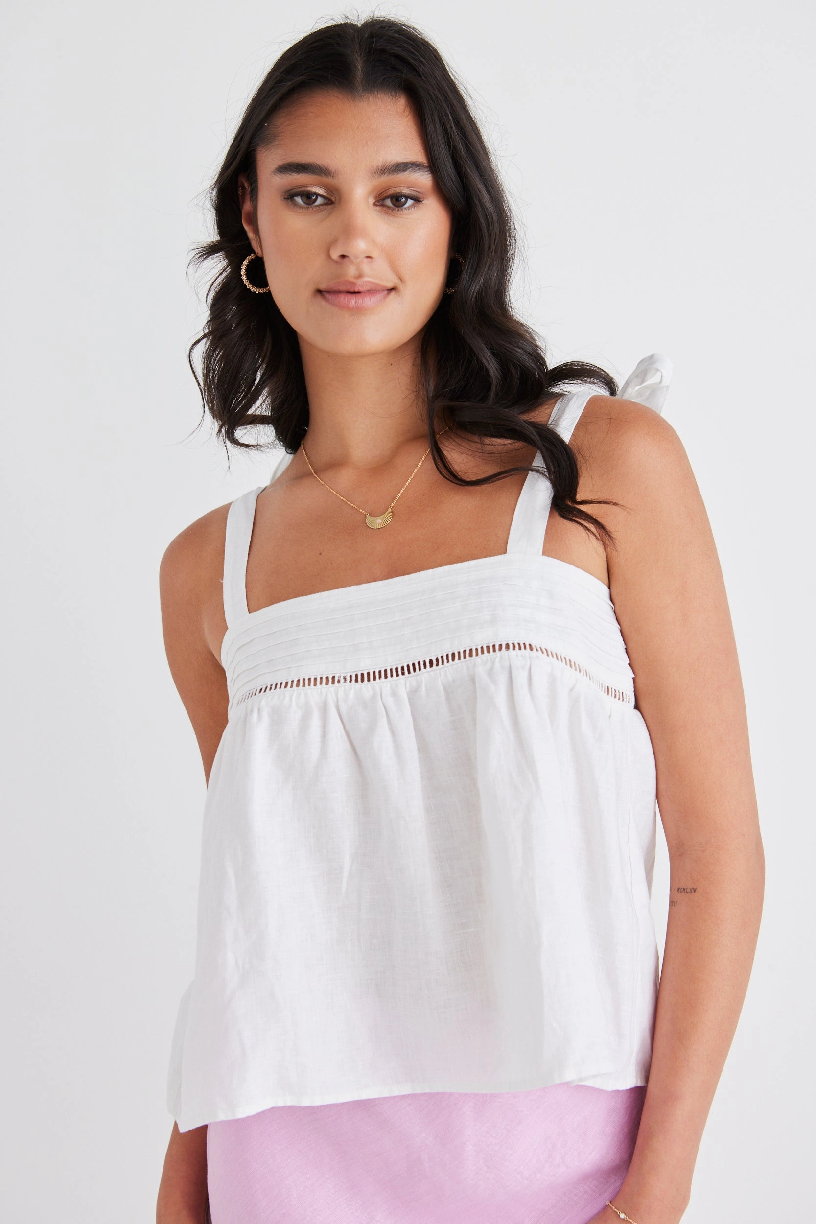 NonRestrictive Armholes Multi Way Adjustable Fit Fluid White Linen Reversible Tie Shoulder Cami