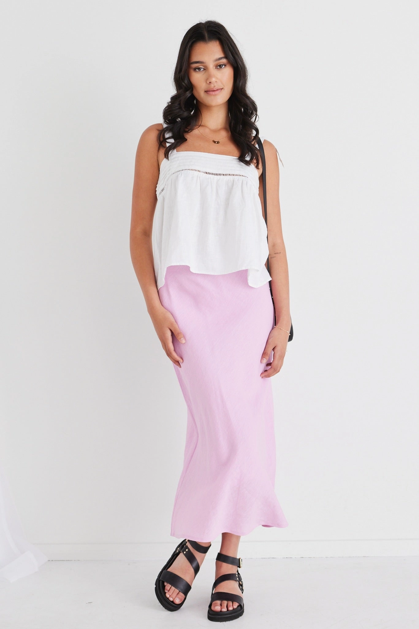 Fluid White Linen Reversible Tie Shoulder Cami DoubleLayered Neckline