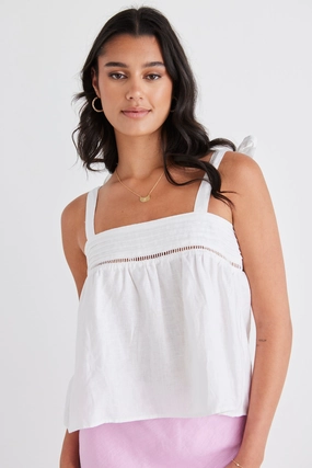 NonRestrictive Armholes Multi Way Adjustable Fit Fluid White Linen Reversible Tie Shoulder Cami