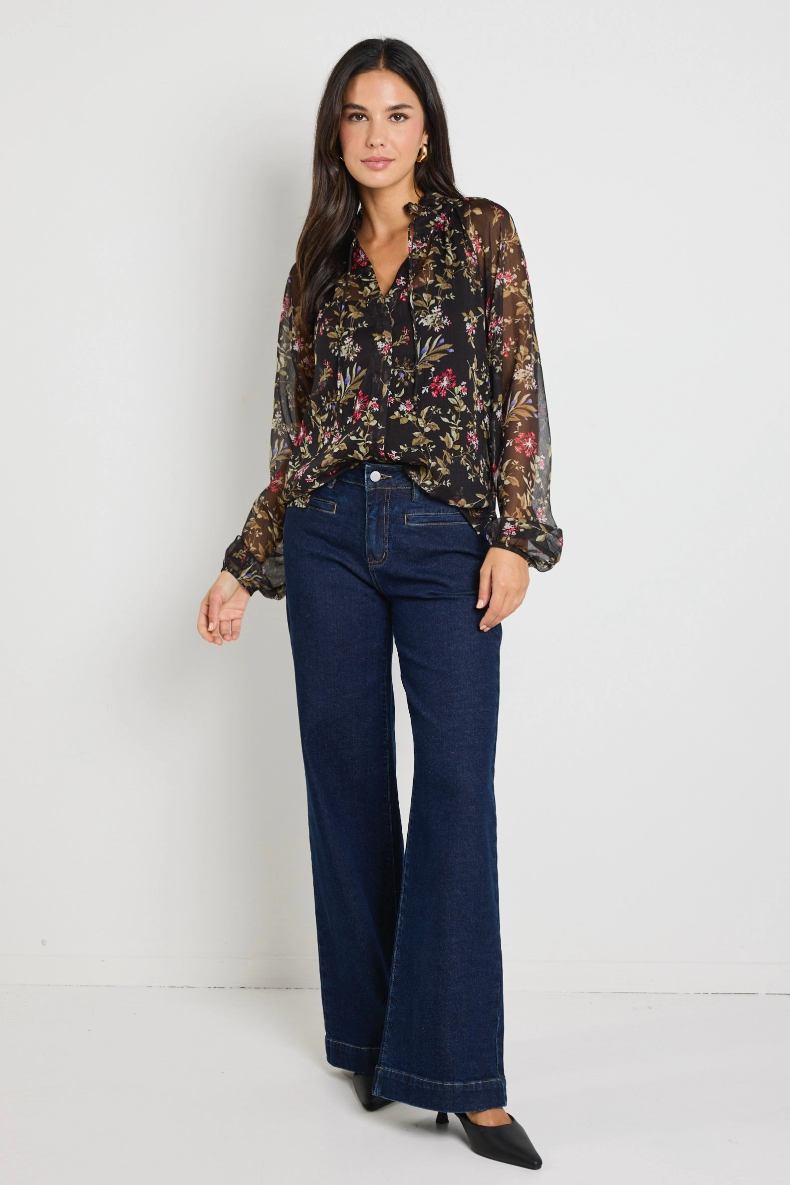 All-Purpose PlacketDetail Deft Black Posy Floral Sheer LS Blouse