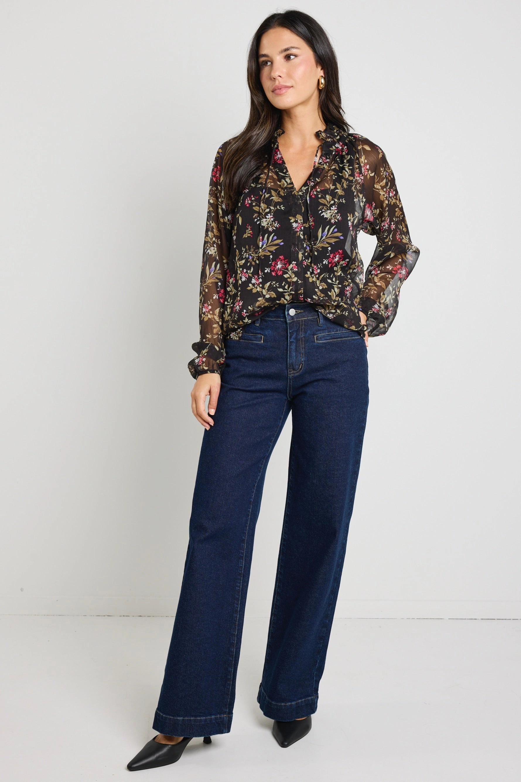 Deft Black Posy Floral Sheer LS Blouse UPFProtection Versatile Base Layer