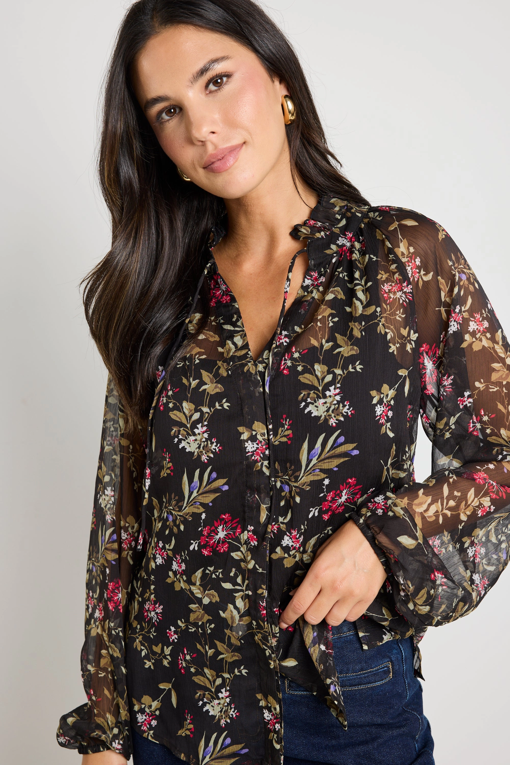AllDaySoftness Deft Black Posy Floral Sheer LS Blouse