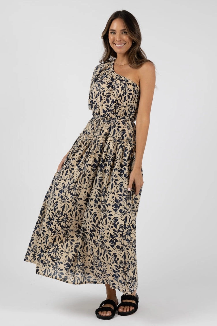 Minimal Core Eden Navy Print One Shoulder Midi Dress
