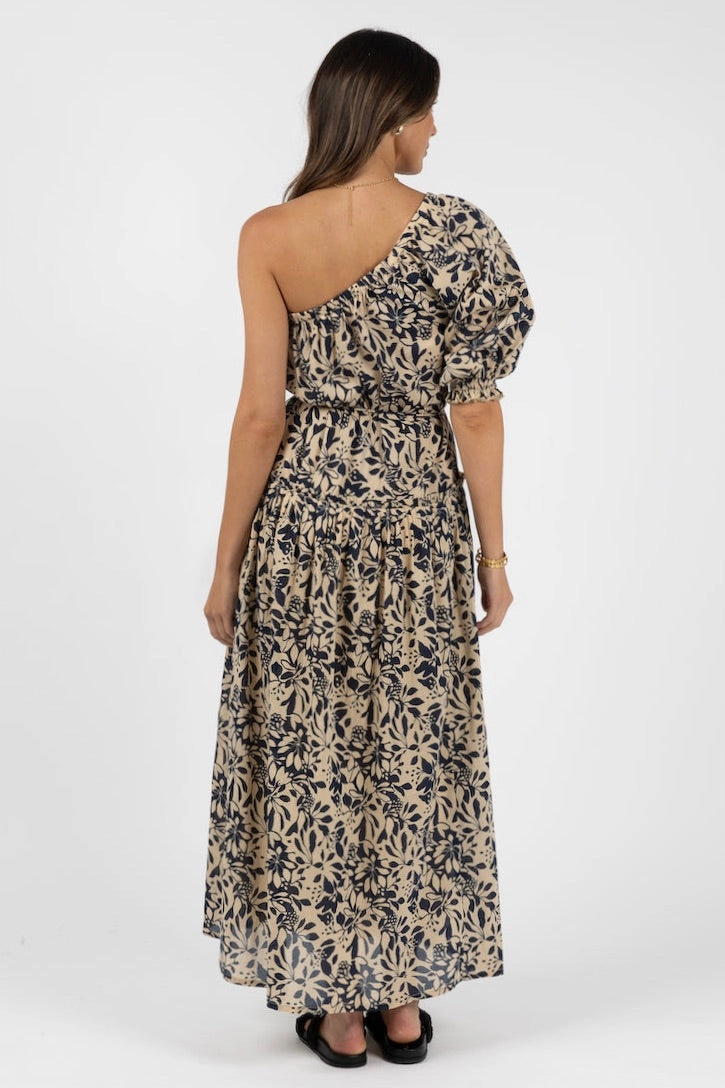 Eden Navy Print One Shoulder Midi Dress countryside