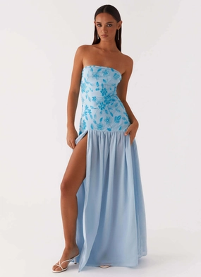 Eden Strapless Beaded Maxi Dress - Blue Smooth Tone Youthful Style
