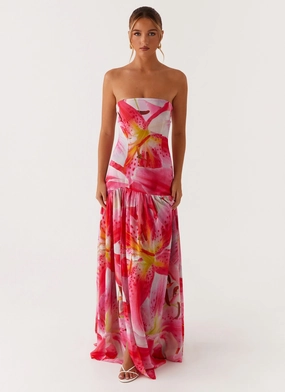 Eden Strapless Maxi Dress - White Pink Lilly Bold Statement Pure Fit