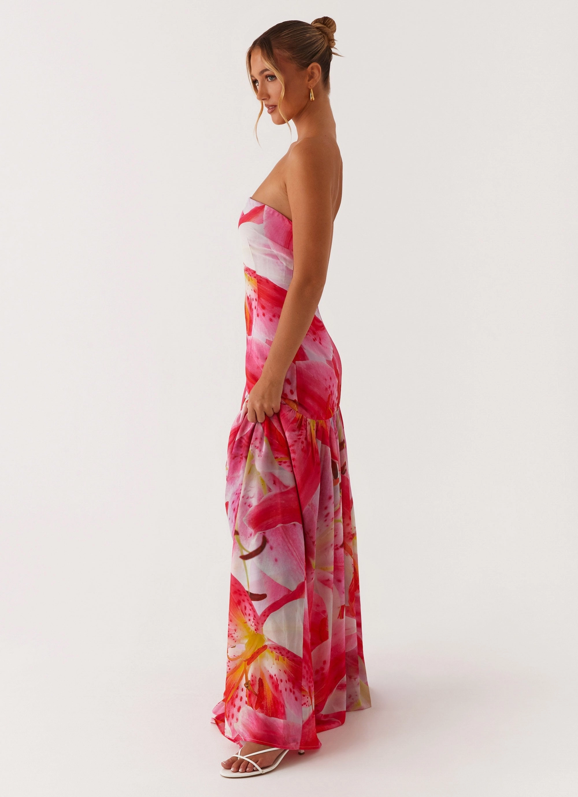 Eden Strapless Maxi Dress - White Pink Lilly Smart Vibe Clasp-Closure