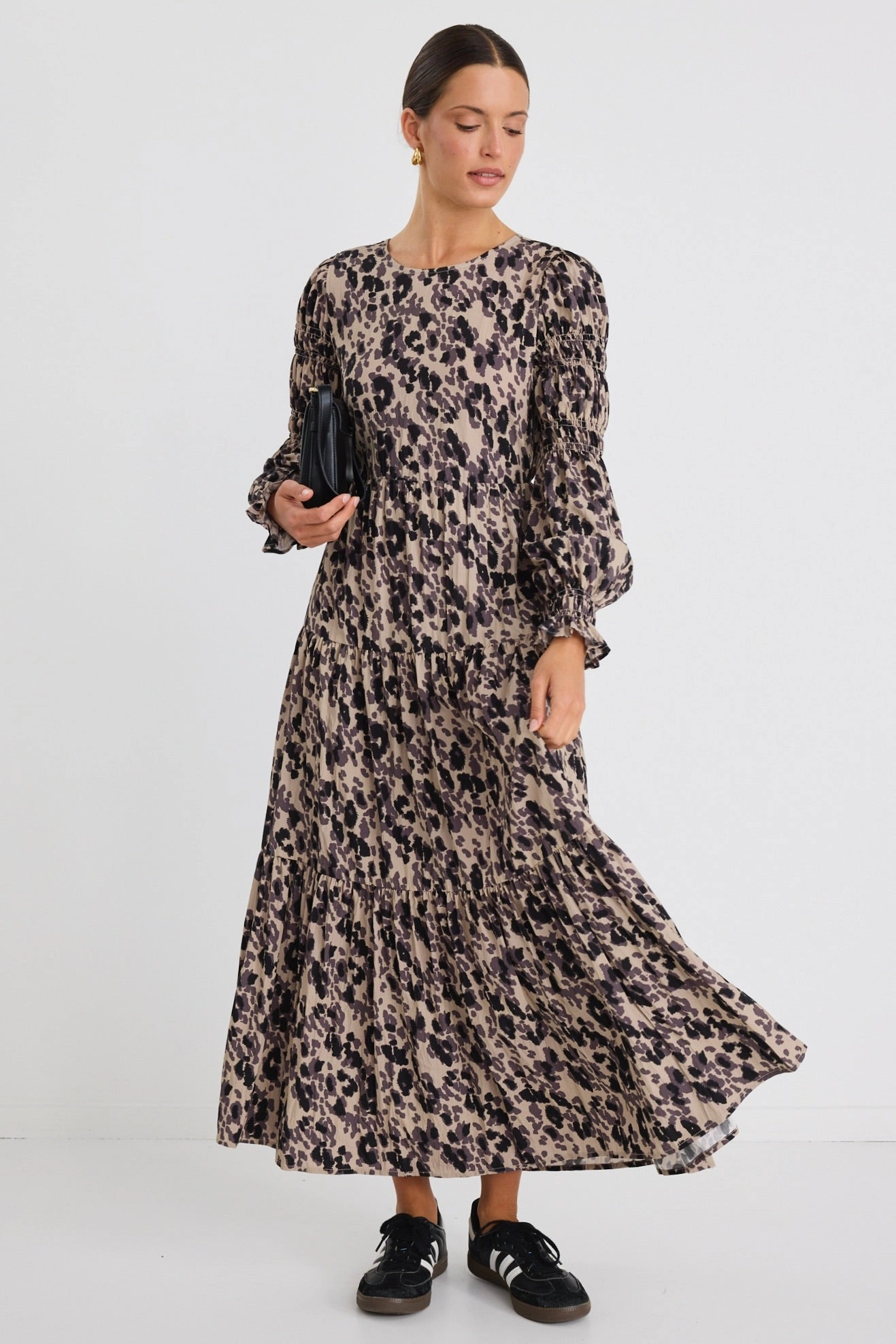 Effortless Animal LS Shirred Sleeve Tiered Maxi Dress button detail